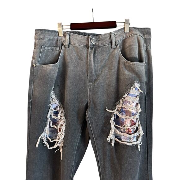 Rebel Vengence Men’s Bootcut Jeans Distressed Patches Gray Size 34 Ombré - Picture 2 of 10